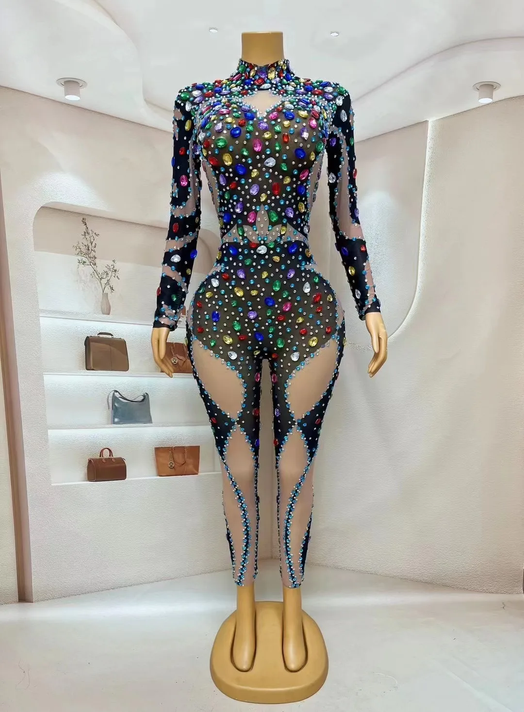 Sexy Bühne feiern luxuriöse bunte Strasssteine schwarz Overall transparent Mesh Tanz Outfit Body Fotoshooting Kostüm