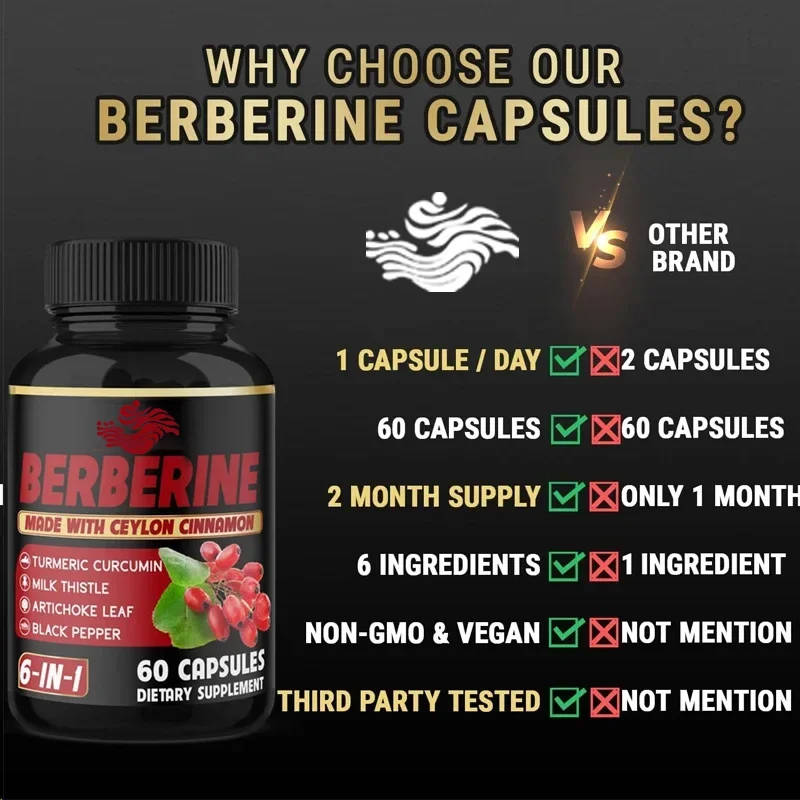 6-in-1 Berberine Supplement Contains 60 Capsules of Ceylon Cinnamon, Turmeric, Korean Thistle, and Milk Thistle