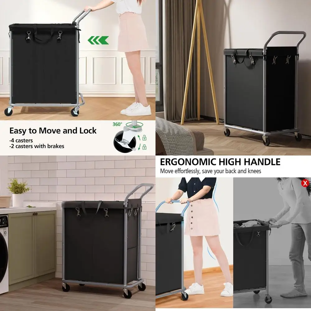 

Двухсекционная корзина для белья на колесиках со съемным вкладышем, объем 37 галлонов, черная стальная корзина на колесах