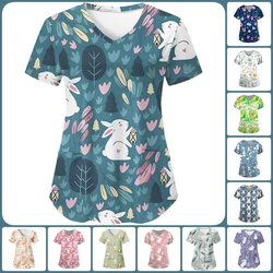 Uniforms Women Medical Easter Bunny Cartoon Print Obstetrics Nursing Tops V-Neck Short Sleeve Tees Pet Medical Scrubs for Women