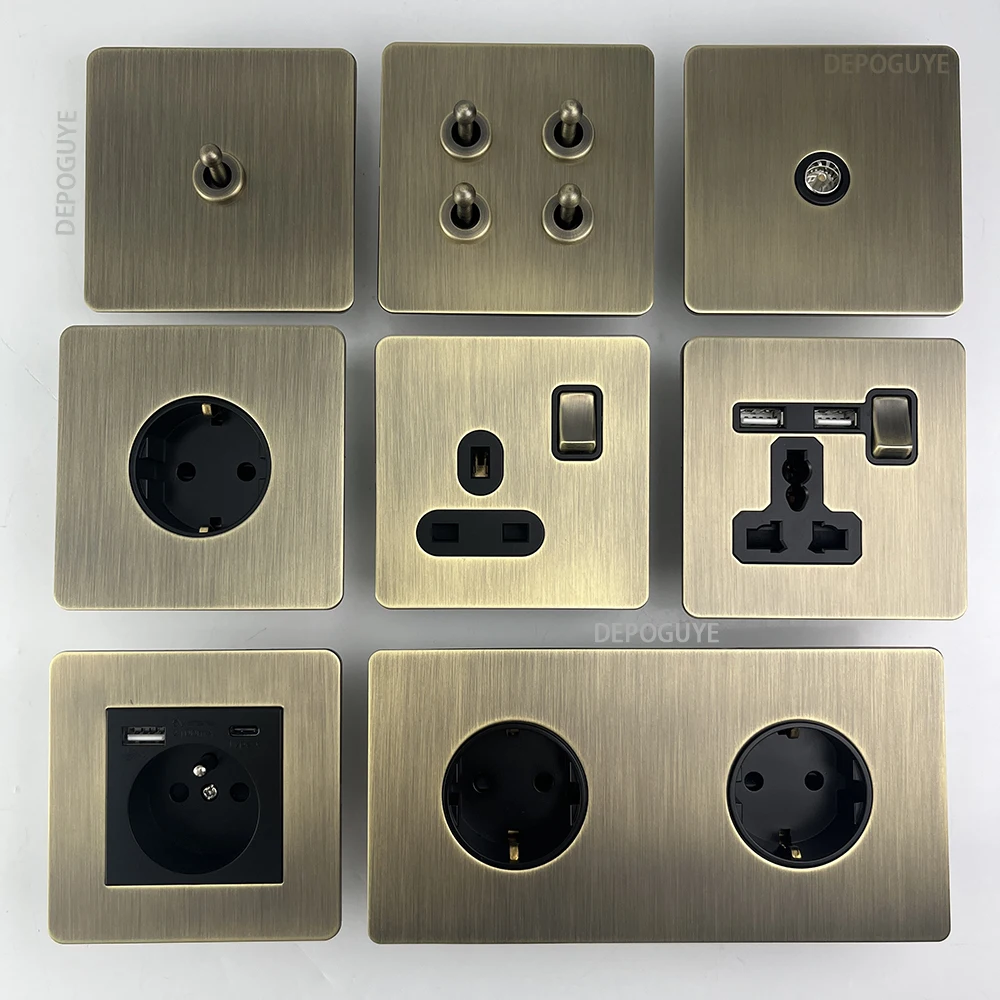 Retro Metal Brushed Antique Stainless Steel Push Button Switch Panel UK 13A Socket with USB Phone Charging for Home Improvement