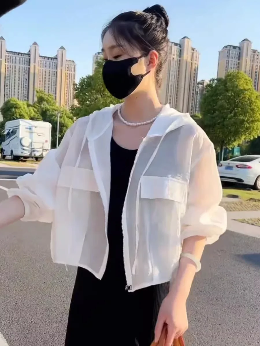 Women's Loose Breathable Summer Hat Sun Protection Clothing Thin Veil Long Sleeve Short Outerwear Transparent Fashionable