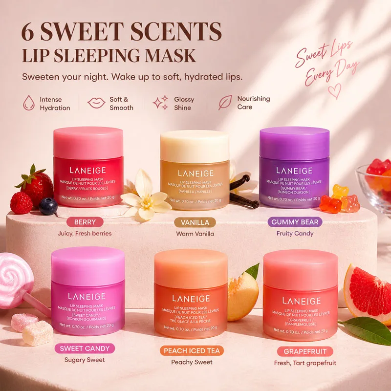 Mascarilla Labial Nocturna Laneige, Bálsamo Labial, Tratamiento Hidratante, Aroma a Fresa, Chocolate Caliente y Frutas, Brillo Labial, Cuidado de la Piel