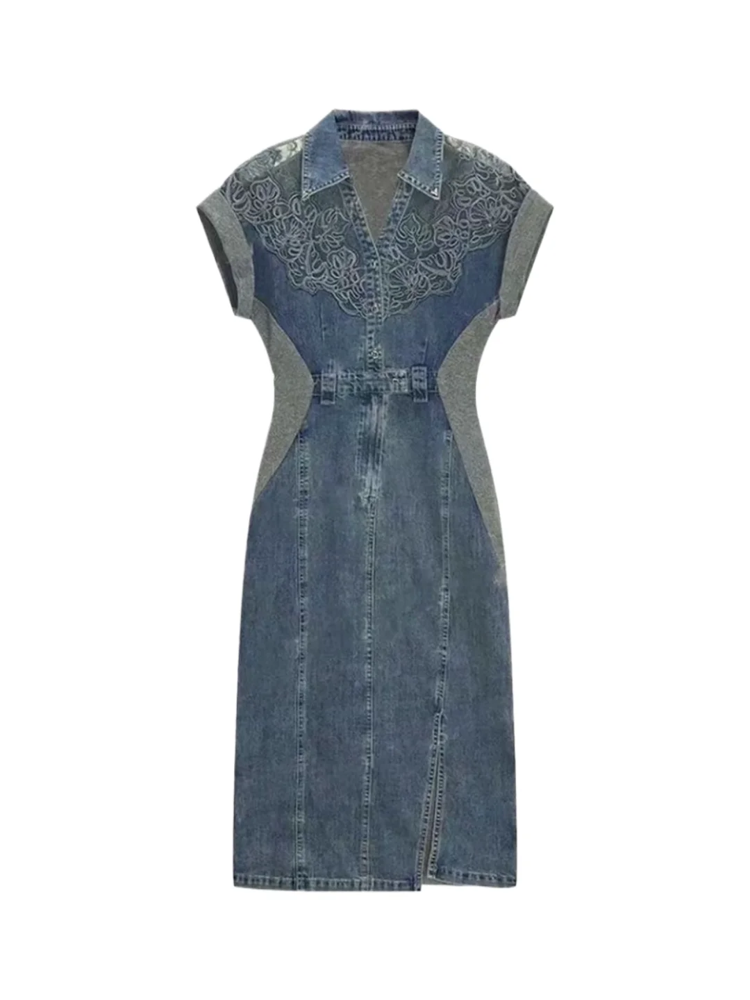 Rétro v-ne décontracté taille haute fendu longueur Midi dentelle épissage Denim Dr femmes Faionable Ele Sle été Dr