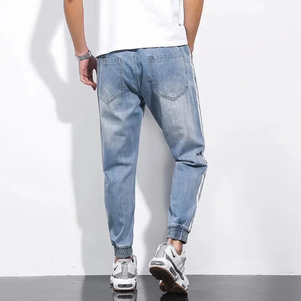 Fashion Brand Men's Jeans Autumn New Cropped Pants Leggings Cropped Student Harun Jeans Loose Casual Sports Pants Blue  denim