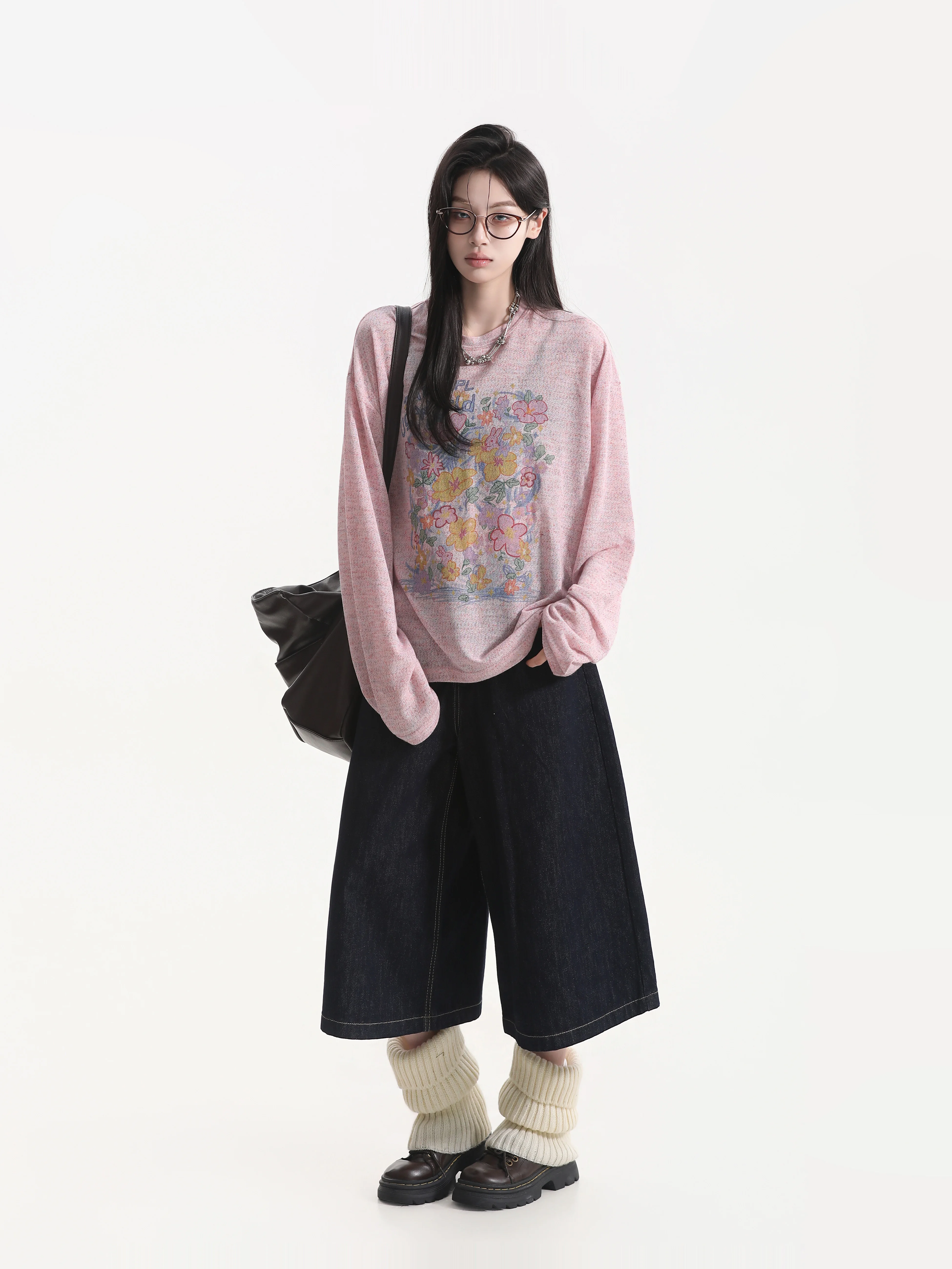 Floral Graffiti Print Long Sleeve T-Shirt Korean Style Ageless Atmosphere See-through Casual Loose Fit Polyester Blend