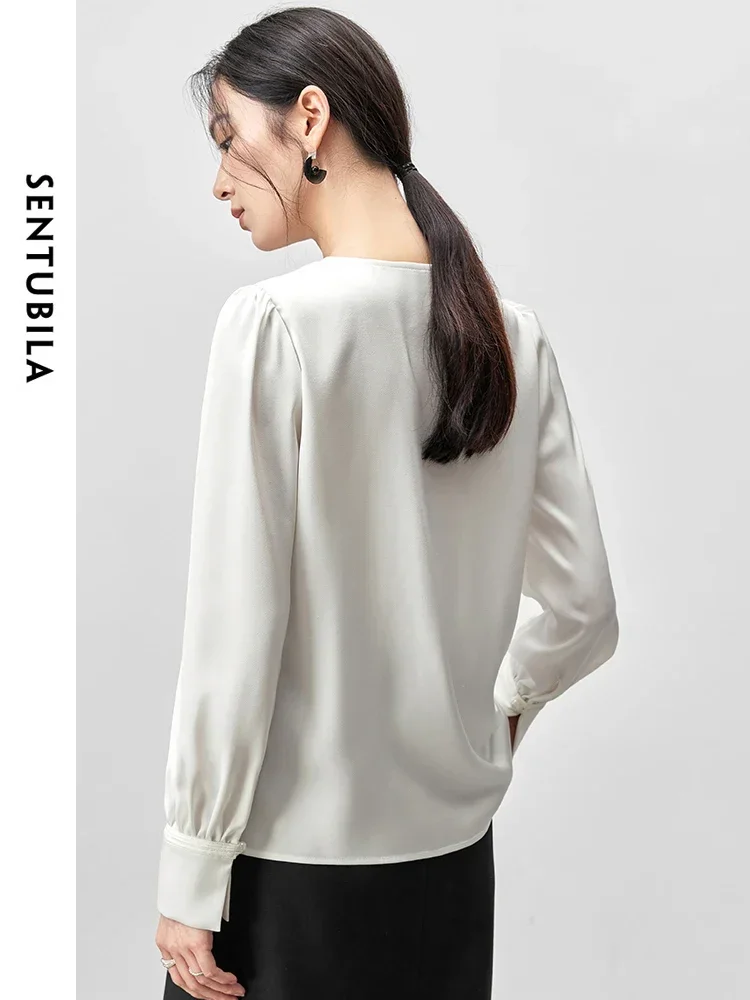 SENTUBILA Donna Elegante Camicetta Bianca 2025 Primavera Scollo a V Perla Fibbia Pieghe Manica Lunga Donna Top Donna Vestiti 143V55443