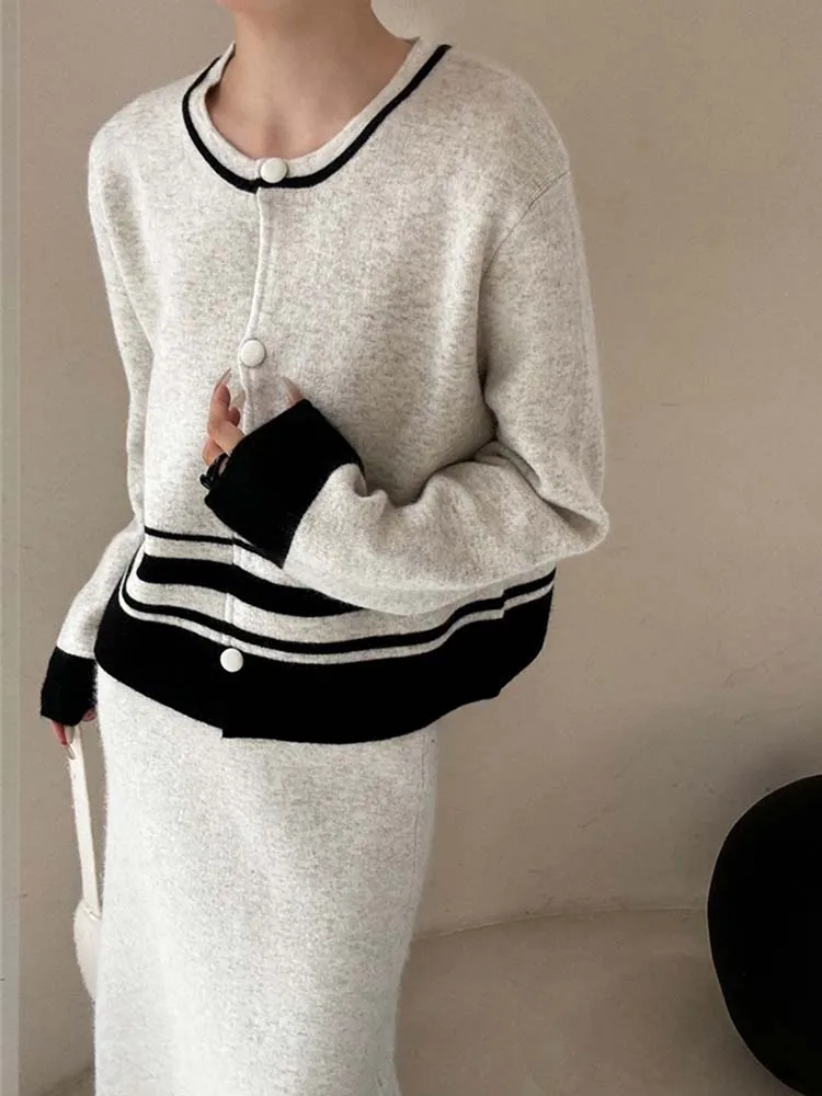 Casual Round Neck Single Breasted Color Blocked Knitted Cardigan+Skirt Two-Piece Set 2024 New Fashionable Women'S Clothing