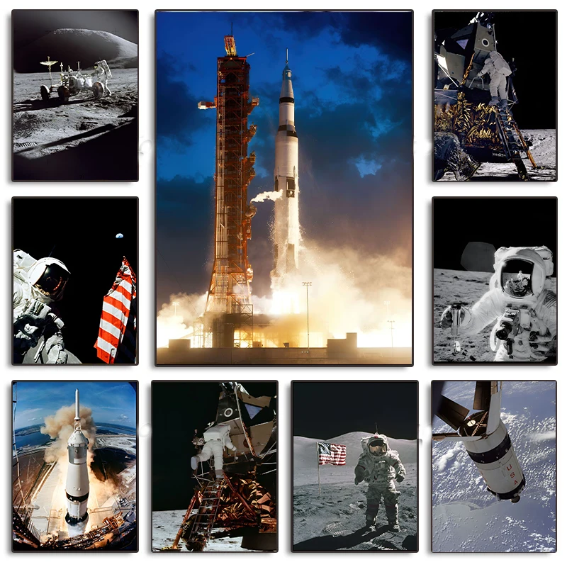 Apollo Missions Poster Saturn V Launch Astronaut on Lander Canvas Painting Print Wall Art Picture for Living Room Office Decor