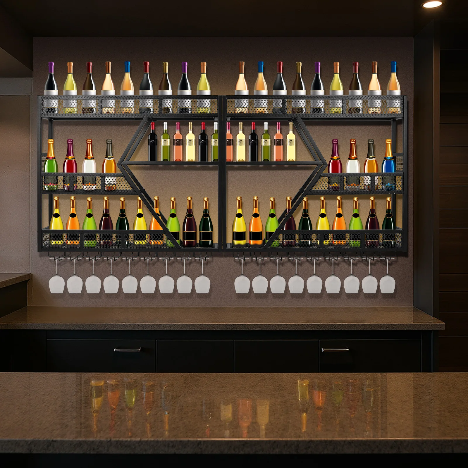 Wall Mounted Wine Bottle Display Holder with Anti-Drop Crossbar Liquor Bottle Display Shelf for Kitchen Home