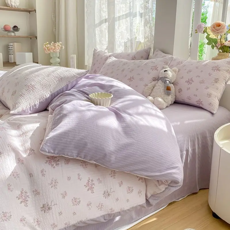 Galsang Flowers 4PC Bedding Set - Skin-Friendly Double-Layer Yarn Sheets + Duvet, Instagram Style, Dorm/Home