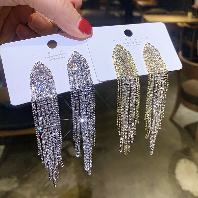 

2023 New Classic Shiny Crystal Clip on Earrings Ladies Exaggerated Long Tassels Colorful Rhinestone Non Pierced Earrings Jewelry