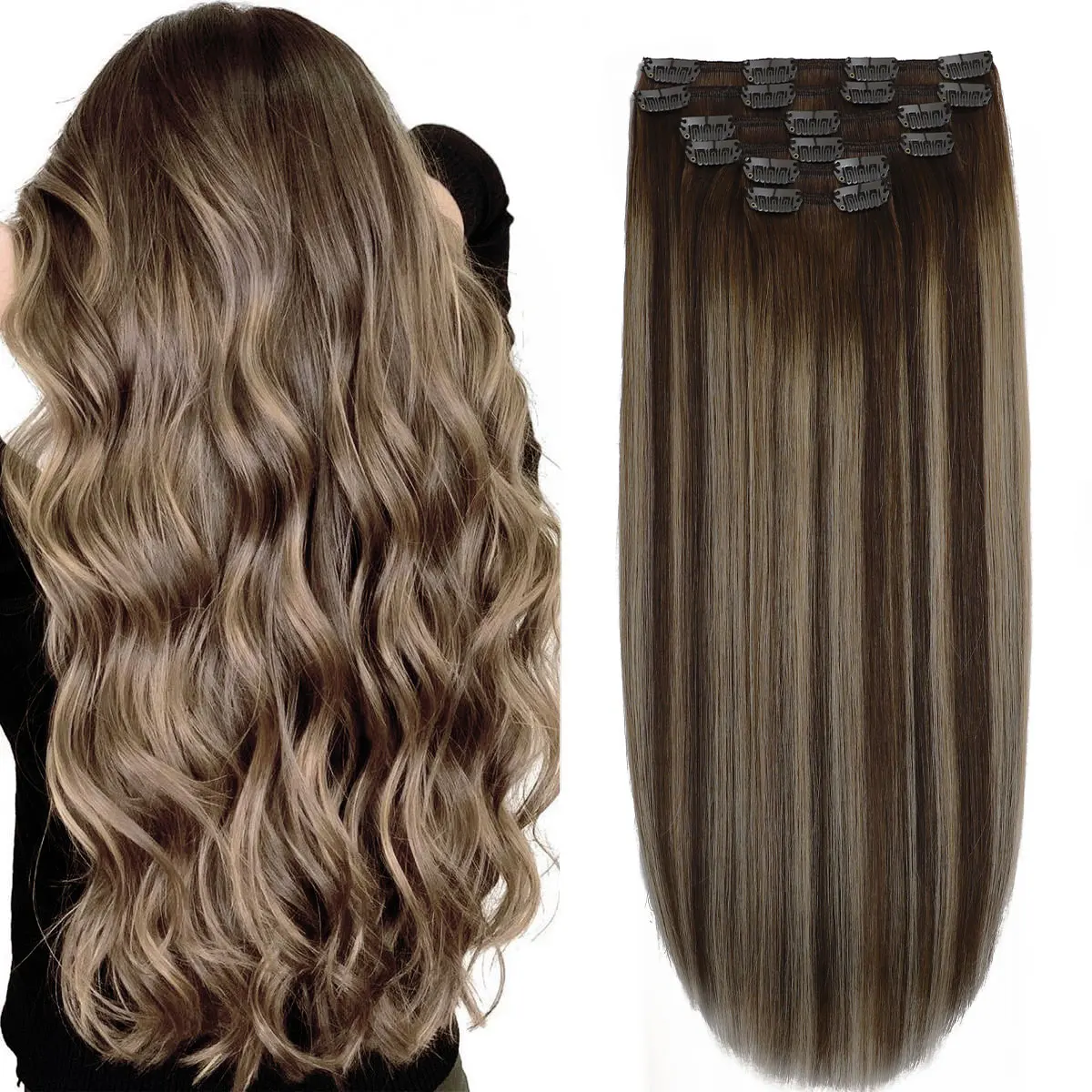 

Sindra Clip in Hair Extensions Real Human Hair Extensions Straight Hair Extensions Chocolate Brown to Caramel Blonde (#4/27/4)