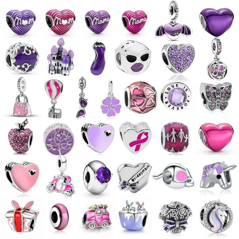 Purple & Pink Mama Mom Heart Unicorn Hope Charms Beads Fit Original  Bracelets Necklaces for Women Men DIY Jewelry