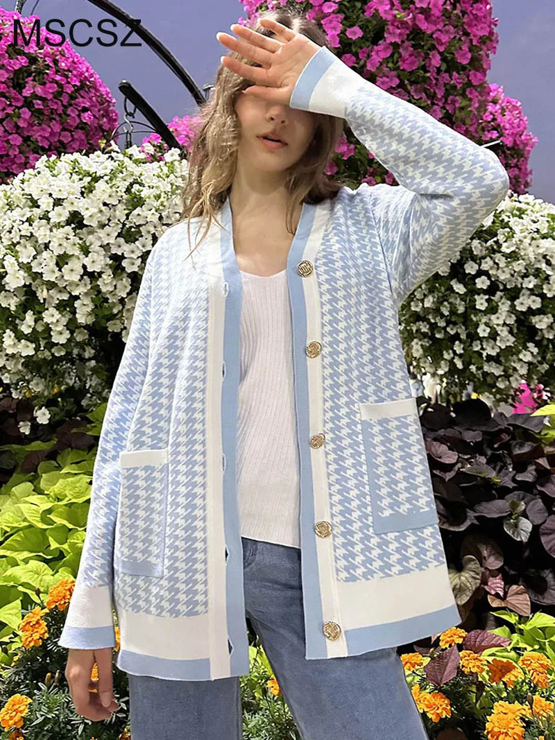 

MSCSZ Women's Houndstooth Cardigan Sweater V-Neck Button Up Long Cardigan Loose Casual Knitted Coat Outerwear