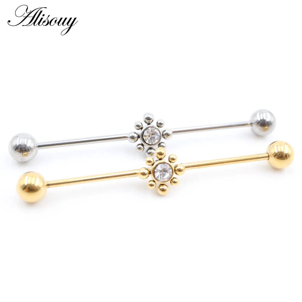 Alisouy 2PCS Flower Zircon Snake Stainless Steel Eearrings Piercing Industrial Barbell Bar Scaffold Ear Cartilage Helix Jewelry