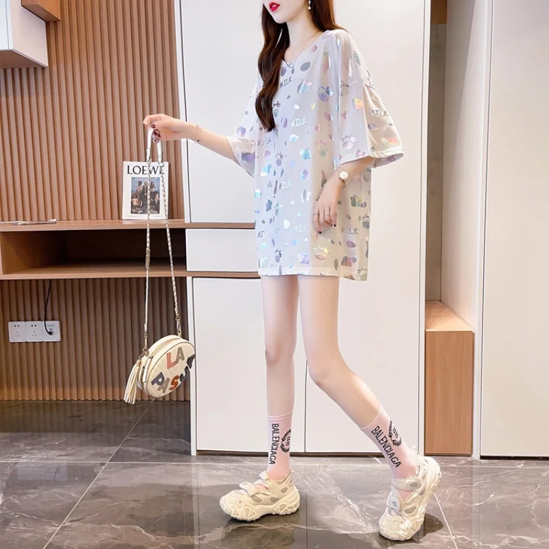 Women's Summer Gold Stamping Reflective Short Sleeve T-shirt Fashion Casual Loose Versatile Round Neck Tops Mid Length T-shirt