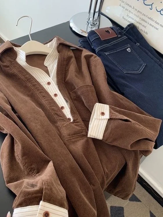 

plus Size Brown Ne Fake Two-Piece irt Women Loose Slimming Top Autumn Winter Faion Casual Sle Long Sve irt