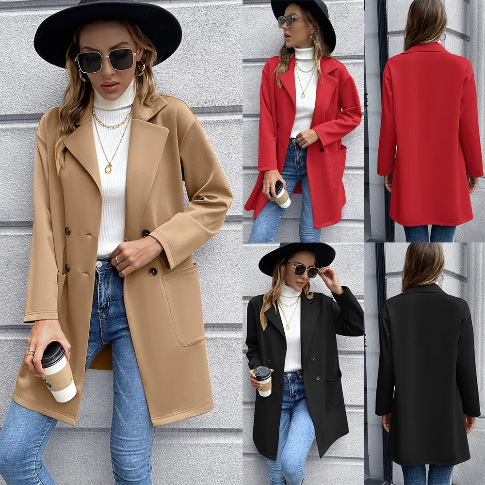 

Stylish women's solid color autumn/winter mid-length cardigan double-breasted knit suit jacket Coat Trench