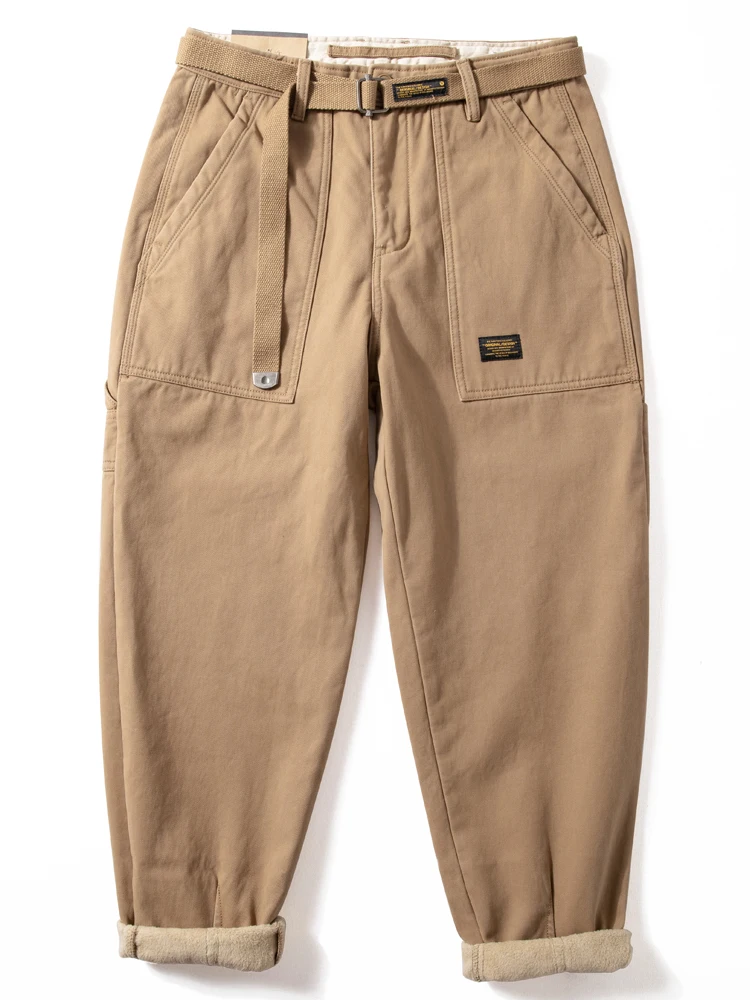 

Мужские зимние утепленные повседневные брюки с флисовой подкладкой, в стиле ретро, американские рабочие брюки, свободные длинные брюки с поясом и лоскутным узором