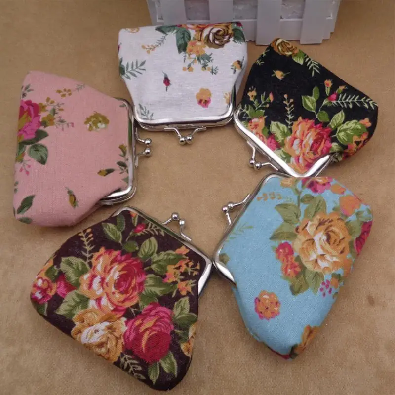 Vintage Floral Canvas Coin Purse Kiss Lock Closure Colorful Flower Print For Daily Use Carry Coins Lipsticks Small Items