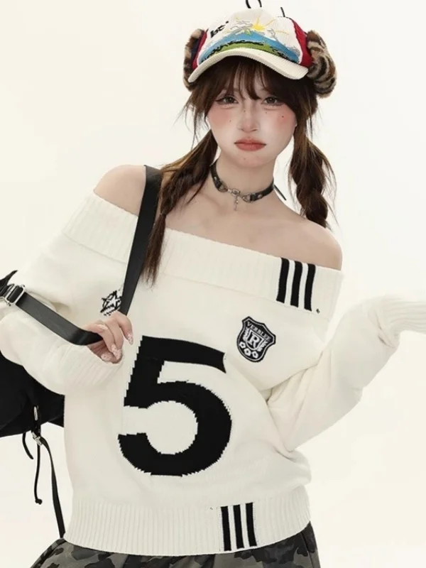 

Свободный вязаный свитер в полоску с американскими надписями в стиле ретро, женский осенний модный топ для похудения