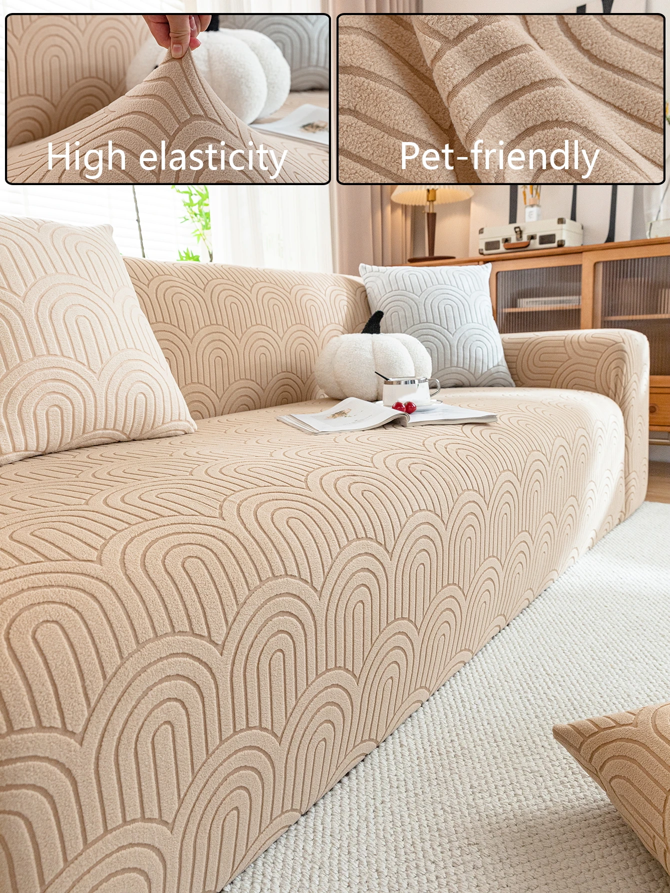 

1PC Solid Stretch Sofa Cover – Spandex Polyester Jacquard Arch Non-Slip Soft Couch Cover,Washable Furniture Protector with Non-Slip Foam&Elastic Bottom for Kids Pets,Living Room Decor