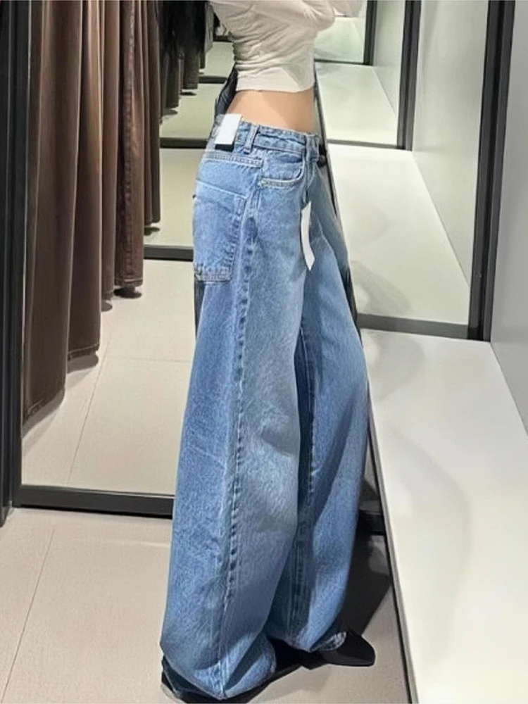 TRAF-2024 Women\'s Pants Cotton Blue Trousers Retro Loose Slim High Waist Washed Wide Leg Jeans New Summer Style