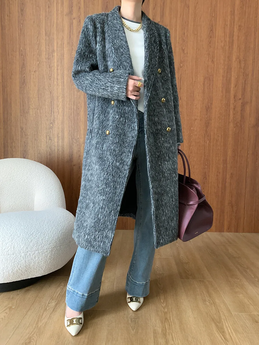 Autumn and winter women\'s casual solid color double breasted long coat