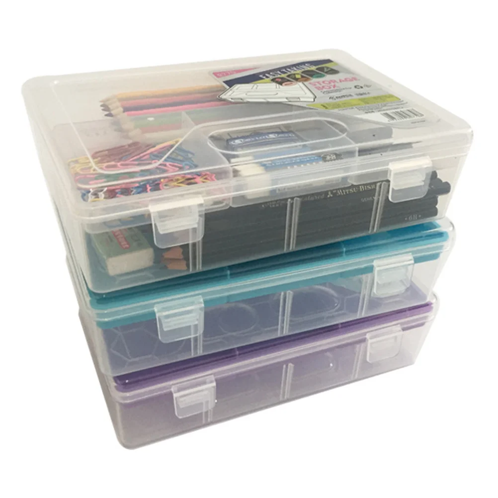 

Lightweight Durable Plastic Double-Deck Pen Box Blue Multifunctional Stationery Storage Case for Office Art Tools