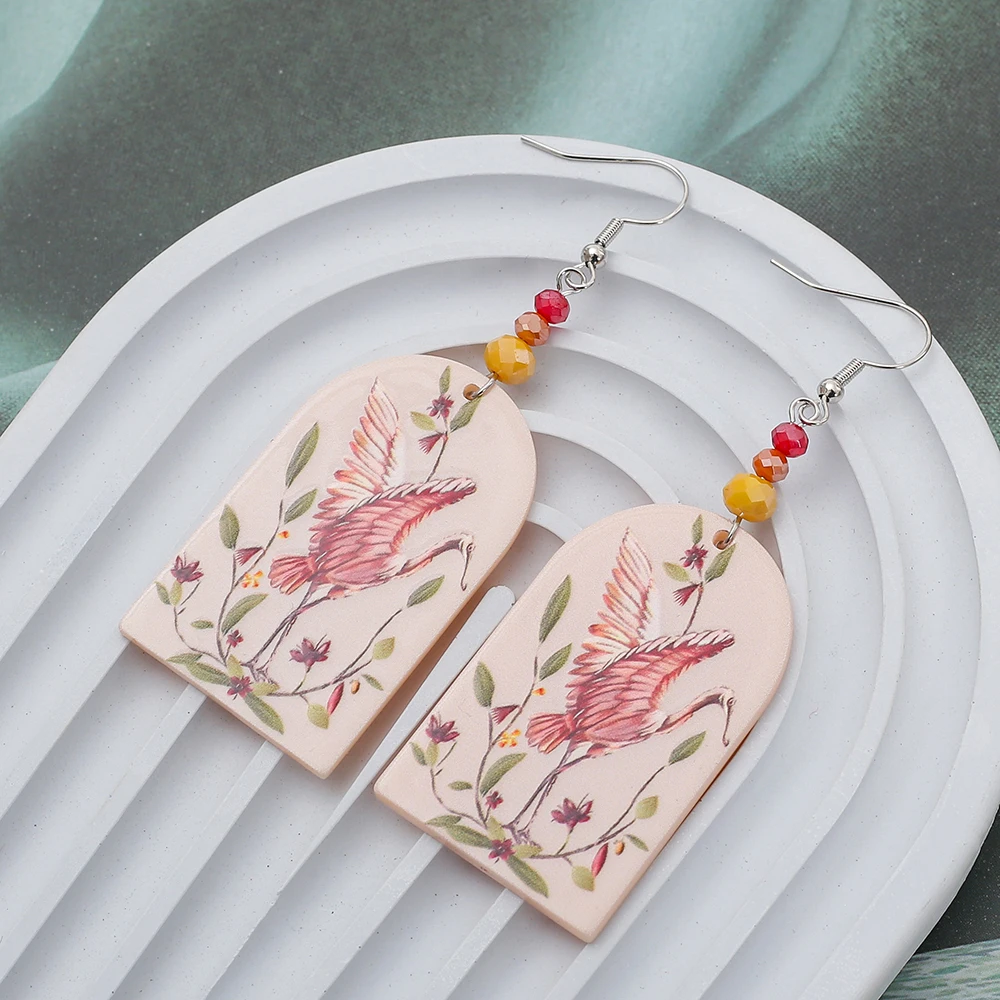 New Fashion Bird Print Geometric Arch Acrylic Women's Earrings Trend 2024 Aesthetic Casual Vacation Style Dangle Drop Jewelry