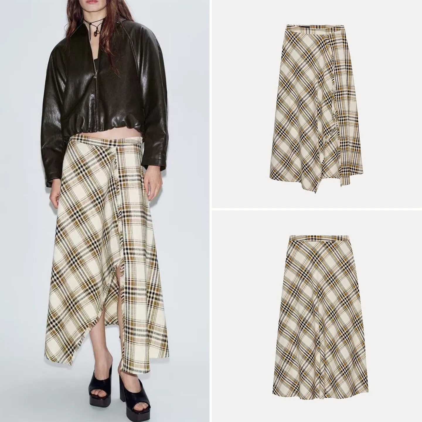 

Модная асимметричная юбка миди в клетку для женщин, весна 2026, новинка, универсальная, с высокой талией, А-силуэт, удобная для путешествий