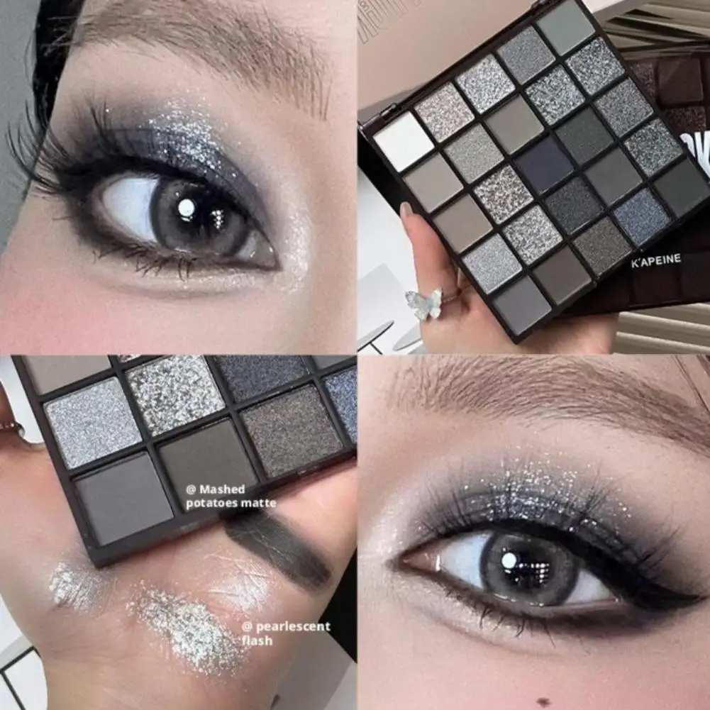 Paleta de sombra de ojos de 25 colores, Color negro oscuro, gris, plateado, brillo, acabado mate, estilo ahumado, maquillaje para actuación de fiesta en escenario