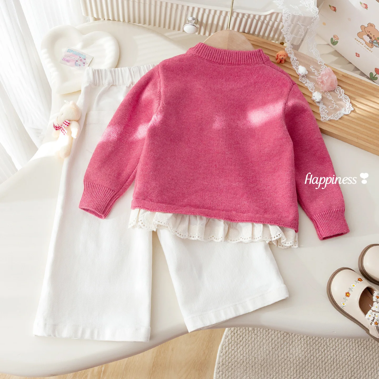 Girls' Autumn and Winter Sweater Korean Lace Strawberry Jacquard Knitted Pullover, Stylish and Casual Pants