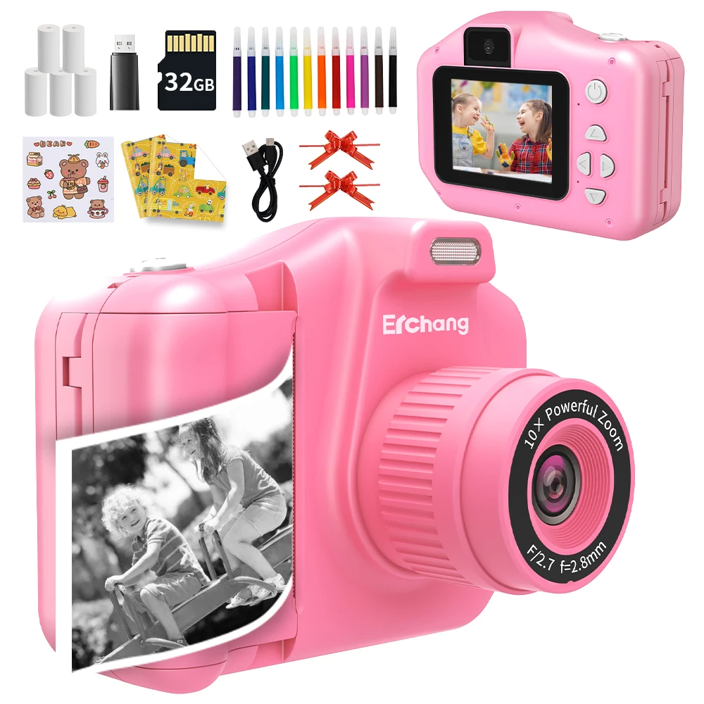 Erchang Children's Instant Print Camera 1080P Selfie Video Child Camera For 4-12 Years Kids Girls Boys Brithday Gift