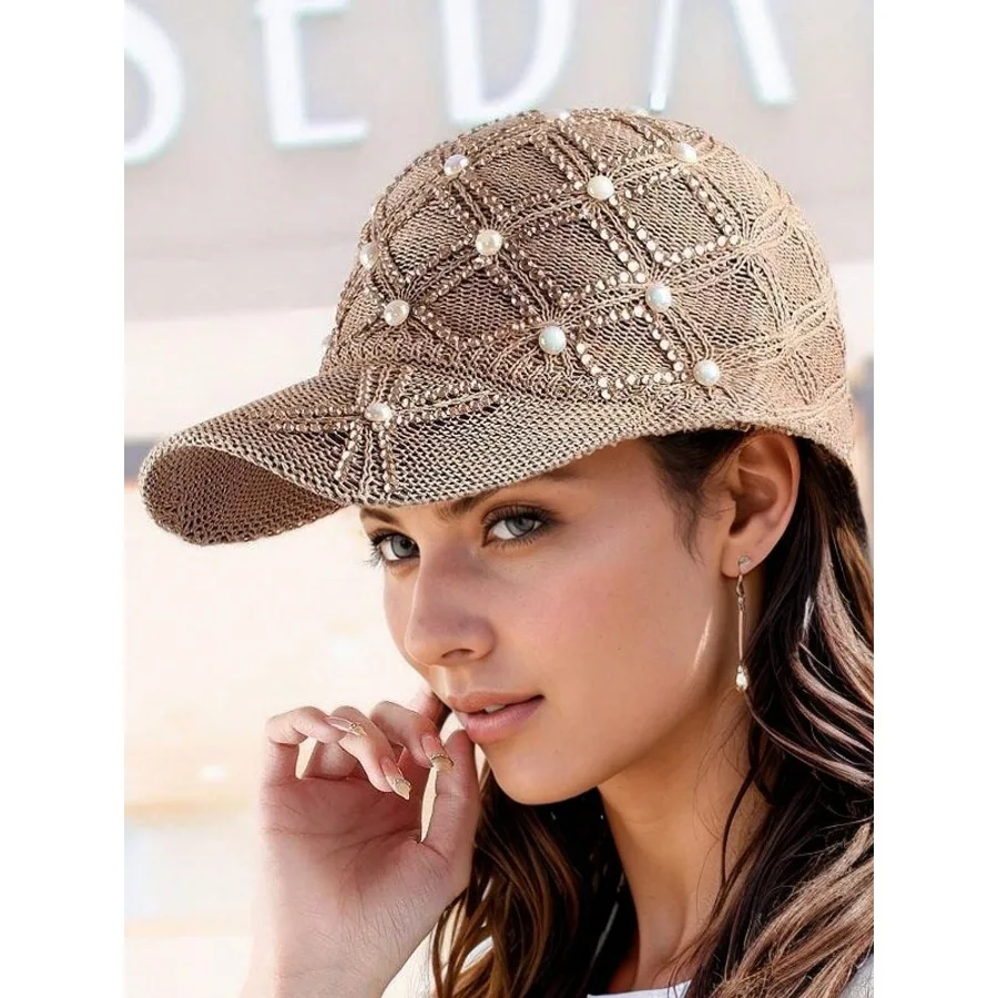 Adjustable Stylish Four-leaf Clover Pearl Embellished Women's Breathable Mesh Baseball Cap/sun Protection Hat for Spring Summer.