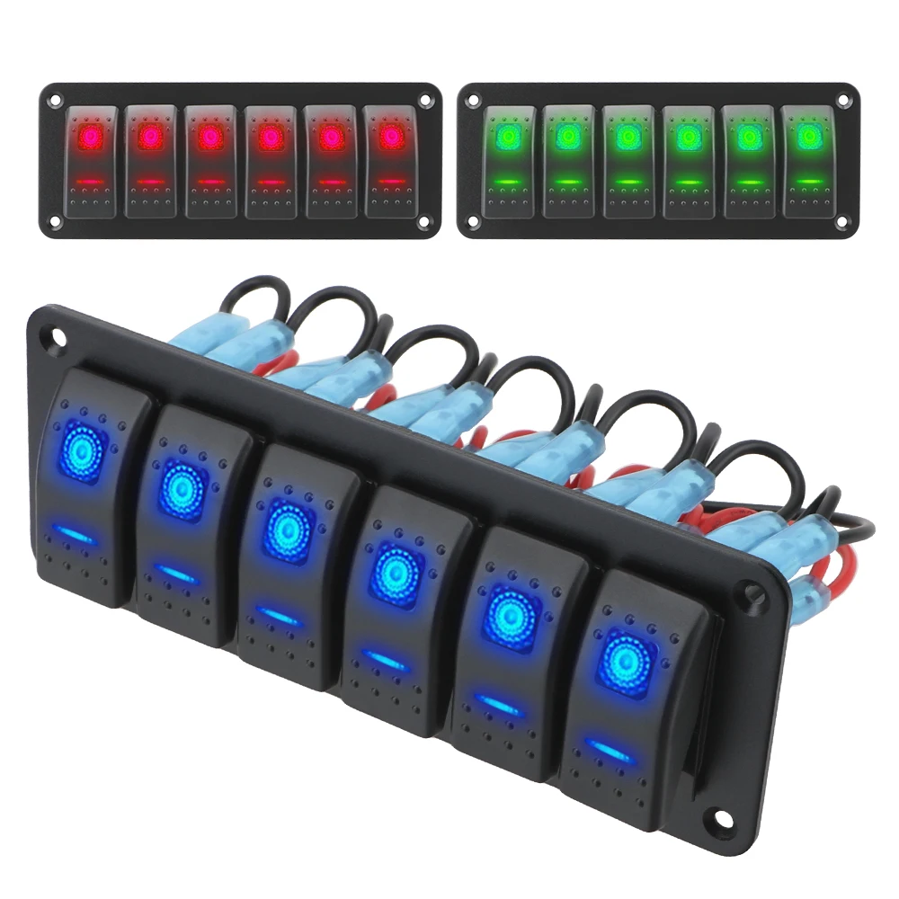12/24V 6 Gang LED Toggle Switch Panel ON-OFF Rocker Switch Panel Double Light Switch for Marine Boat Caravan RV Waterproof
