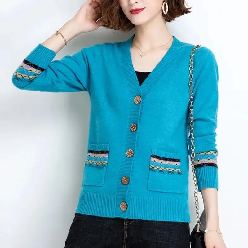 Spring Autumn Folk Vintage Sweaters Coats Button Cardigans Long Sleeve V-Neck Loose Fashion Woman Pockets Knitted Casual Jumpers