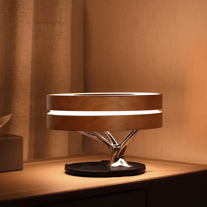 Table Lamp Wireless Charger Blue Tooth Speaker Night Light Circle Tree Shape Wooden Table Light