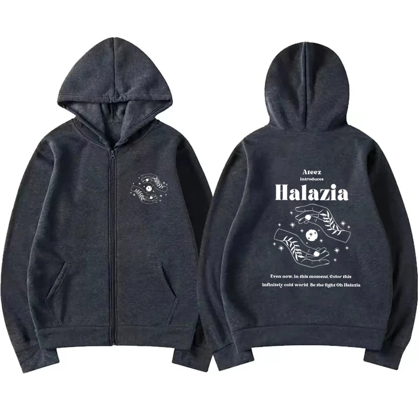 Kpop Ateez Band Halazia Dubbelzijdige Print Hoodie Jas Mannen Vintage Y 2K Rits Jack Unisex Black Fleece Sweatshirt