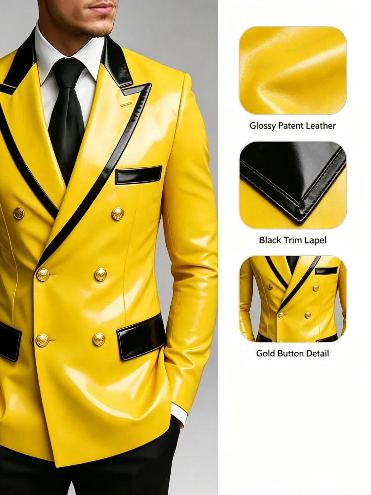 Men Slim Fit Yellow Faux Leather Blazer Black Contrast Peak Lapel Double Breasted Wedding Groom Prom Party Stage Tuxedo Jacket