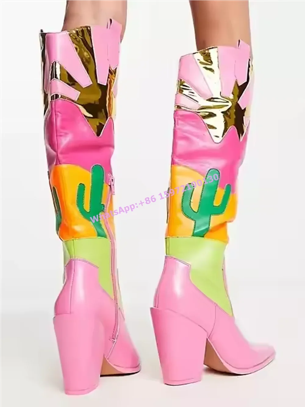 Pink Patchwork Cactus Long Boots Pointy Toe Square Heels Side Zipper Mixed Color Shoes Winter Cowgirl Fashion Runway Shoes
