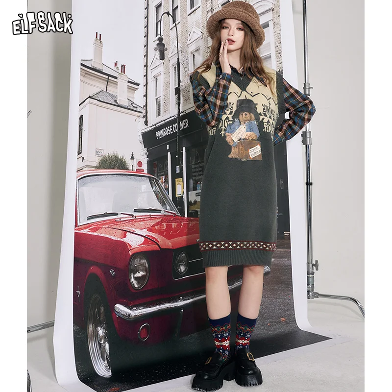 

ELFSACK Kawaii Spliced Knitting Dress Women 2023 Winter Long Sleeve Designer Dresses