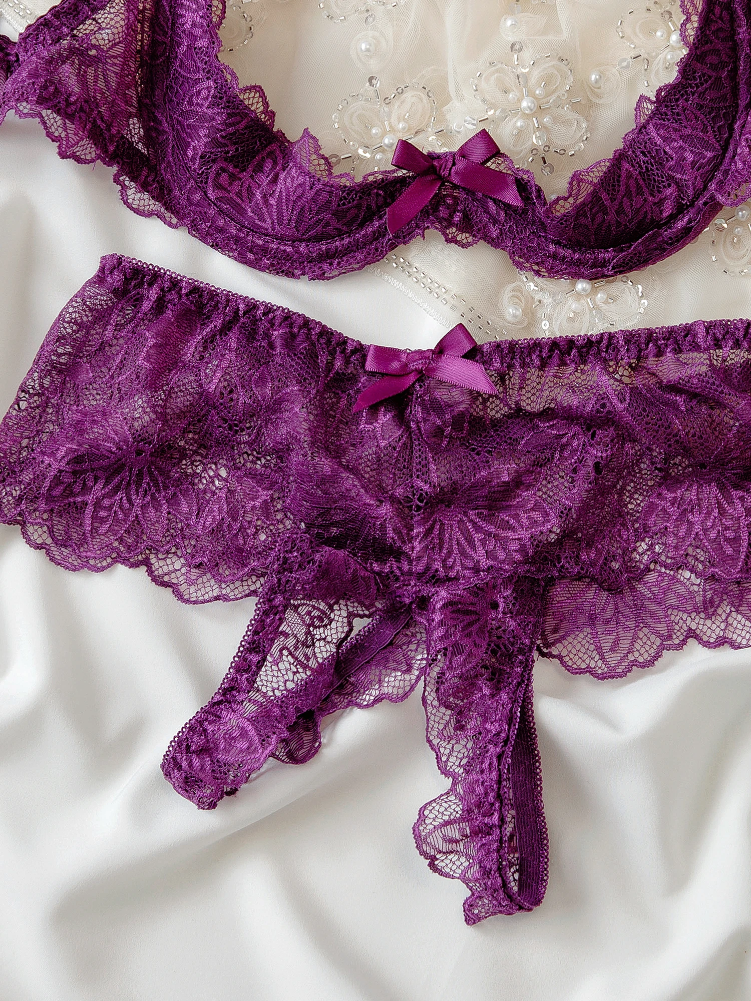 Bra set sexy lingerie 1/4 openwork women push up large size underwear ladies lace sleepwear bra with briefs suit
