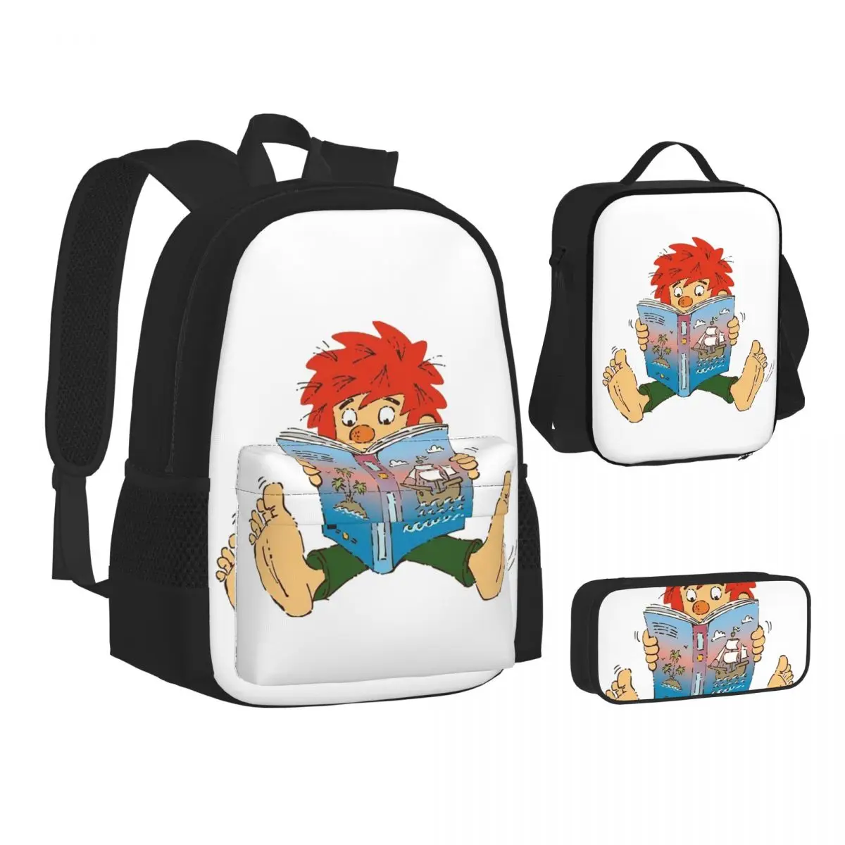 

Pumuckl Backpacks Boys Girls Bookbag School Bags Kids Rucksack Lunch Bag Pen Bag Three-Piece Set