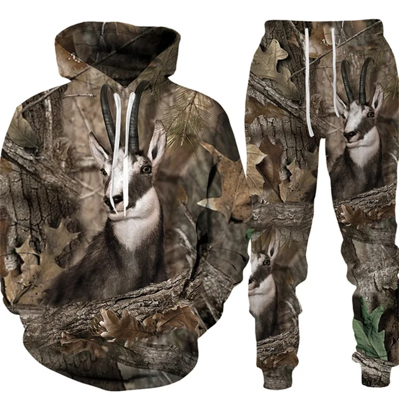 Hot Sale camouflage wild boar hunting men\'s hoodies pants set 3D printed animal series sportswear two-piece outdoor sports suit