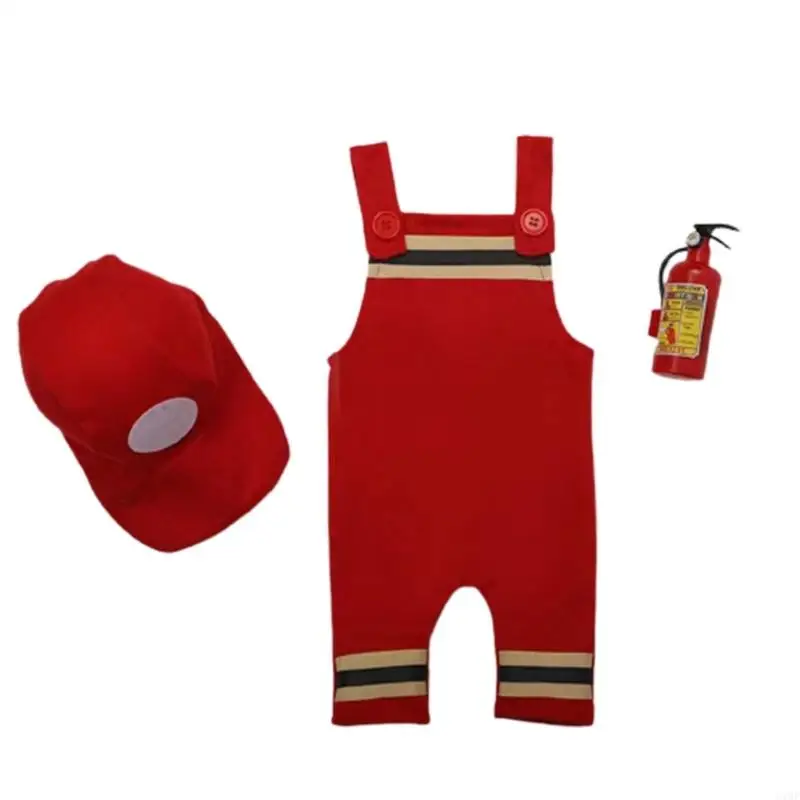 Y1QF Newborns Photo Props Hat & Suspender Romper Baby Fireman Costume Photo Clothing