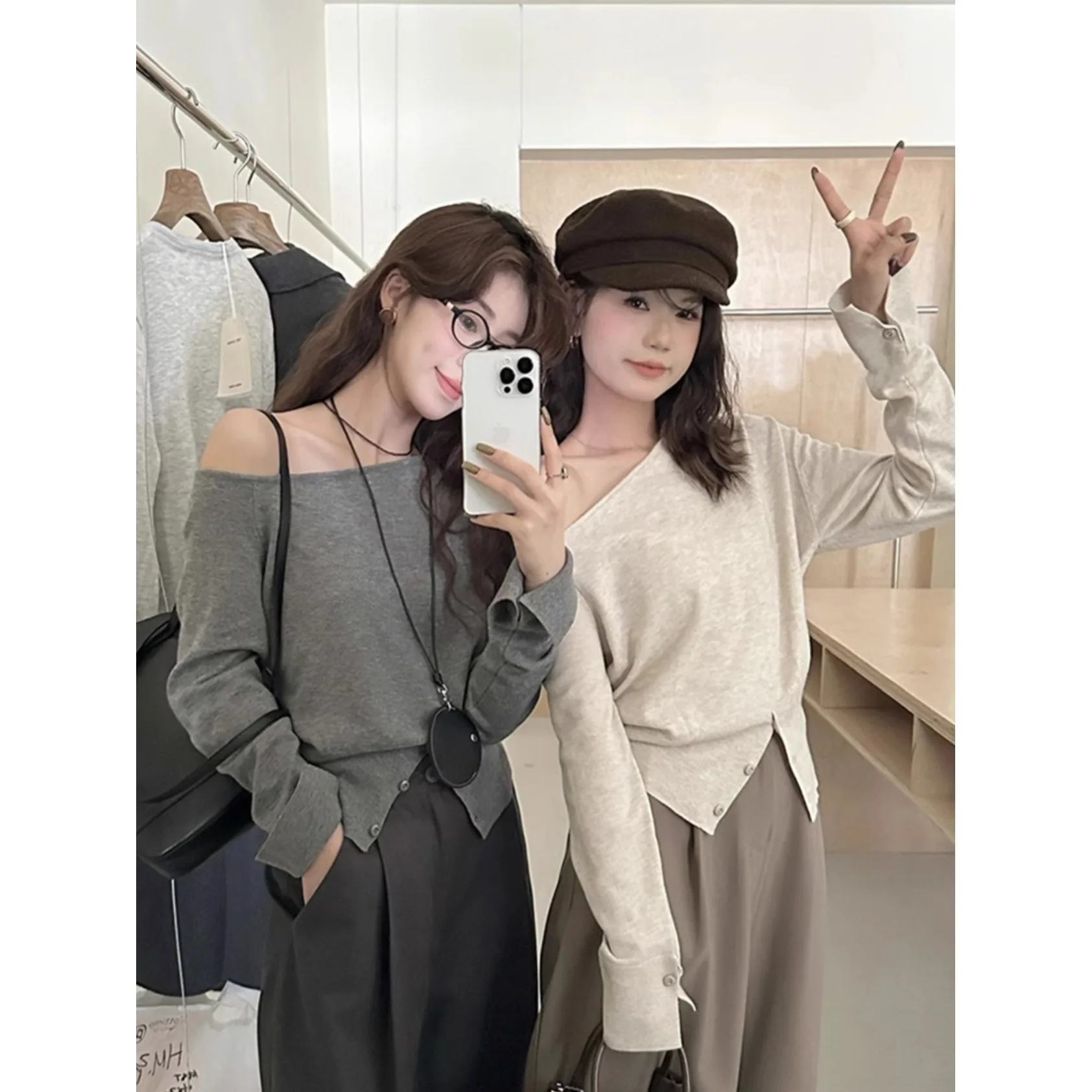 

oulder Bared Long Sve Knitted Base irt Autumn Season Side Split Sweet And Spicy Top Commute Sle Regular Fit Ladies T...