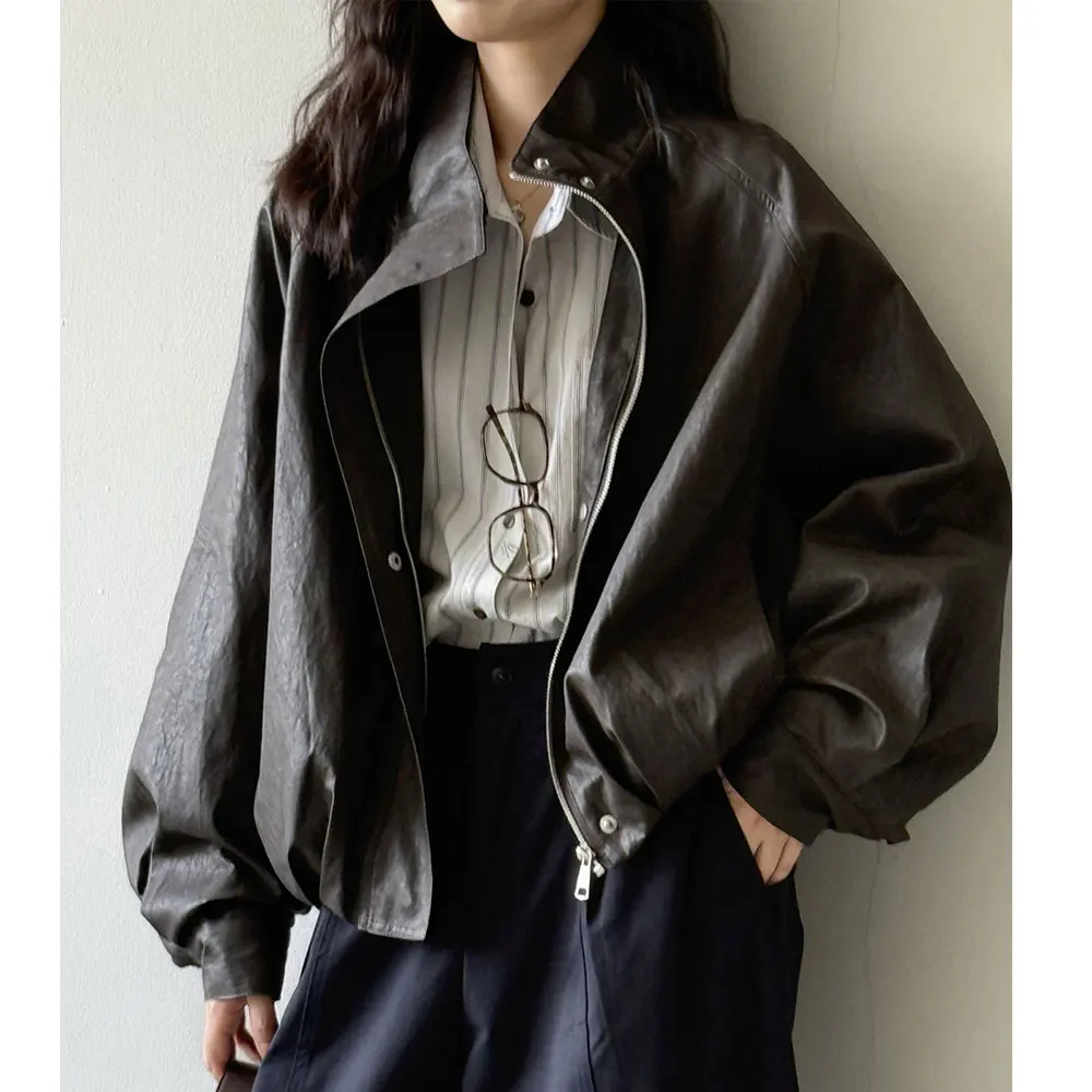 المرأة خمر بولي Leather سترة جلدية معطف الموضة الكلاسيكية الأسود اللون الخريف الربيع سترة باردة فام Casaco Abrigo الشارع الشهير