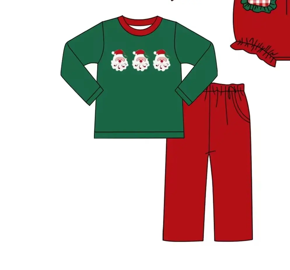 Boutique Red Green Kids Christmas Outfits Santa Print Dress Baby Romper Boy Girls Pants Set